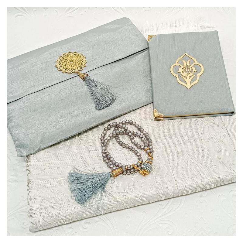 Hediyelik Yasin Seti Gri - Madalyonlu Şantuk Kese Seccade Tesbih