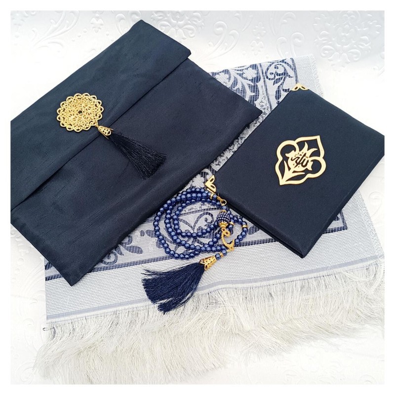 Hediyelik Yasin Seti Lacivert - Madalyonlu Şantuk Kese Seccade Tesbih