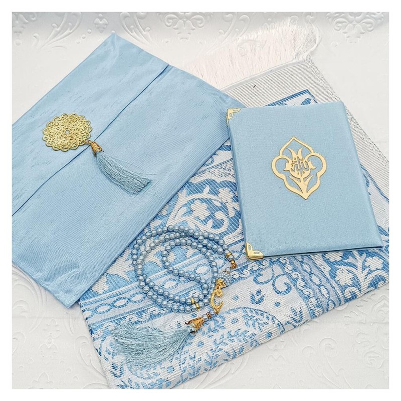 Hediyelik Yasin Seti Mavi - Madalyonlu Şantuk Kese Seccade Tesbih