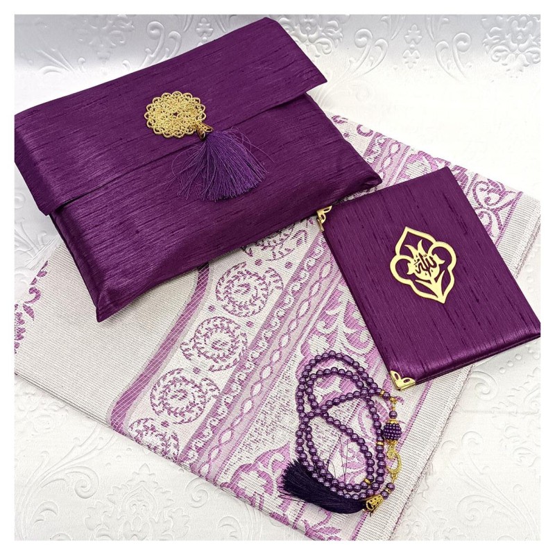 Hediyelik Yasin Seti Mürdüm - Madalyonlu Şantuk Kese Seccade Tesbih