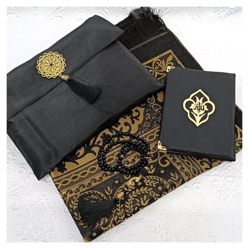 Hediyelik Yasin Seti Siyah - Madalyonlu Şantuk Kese Seccade Tesbih