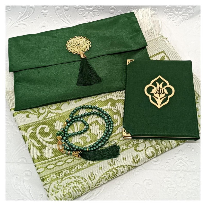 Hediyelik Yasin Seti Yeşil - Madalyonlu Şantuk Kese Seccade Tesbih