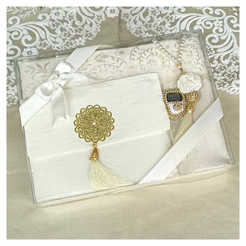 Hediyelik Yasin Seti Bej - Şantuk Keseli Seccade Tesbih Zikirmatik