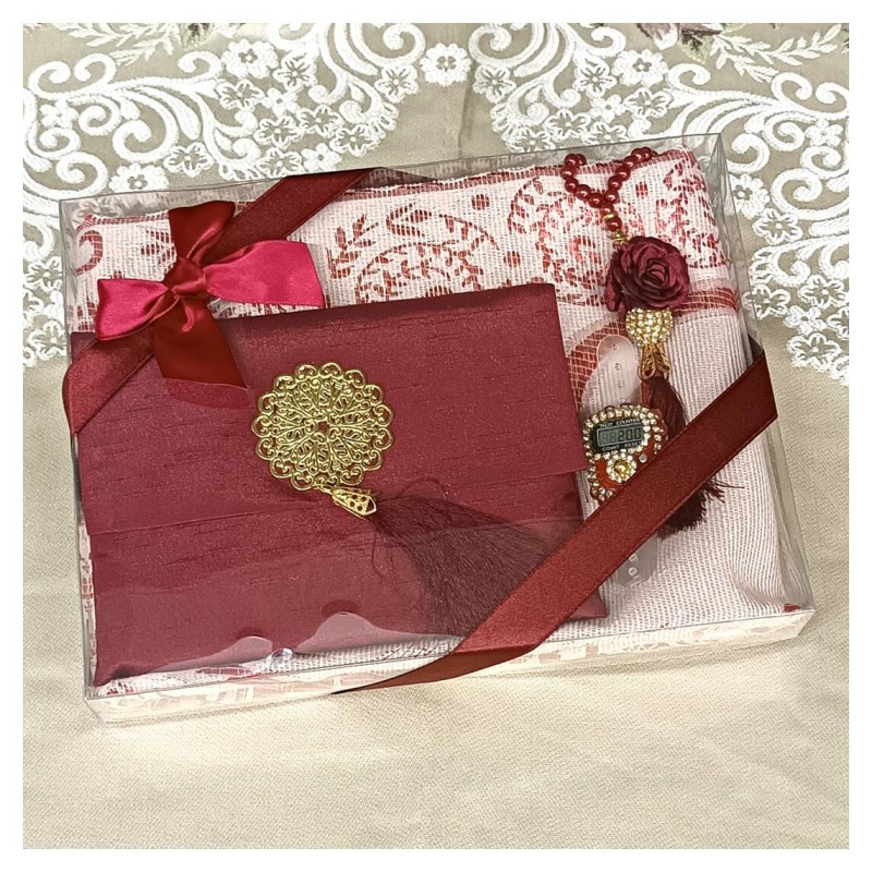 Hediyelik Yasin Seti Bordo - Şantuk Keseli Seccade Tesbih Zikirmatik