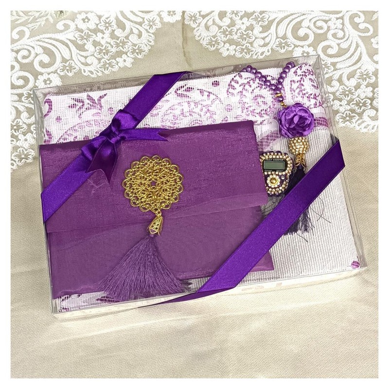 Hediyelik Yasin Seti Mürdüm - Şantuk Keseli Seccade Tesbih Zikirmatik