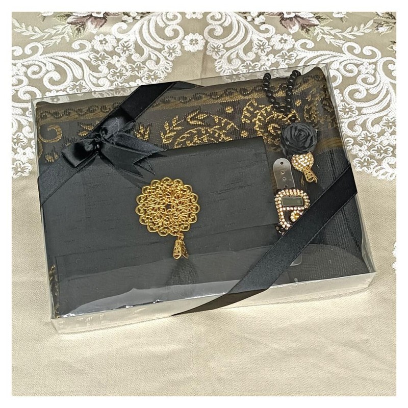 Hediyelik Yasin Seti Siyah - Şantuk Keseli Seccade Tesbih Zikirmatik